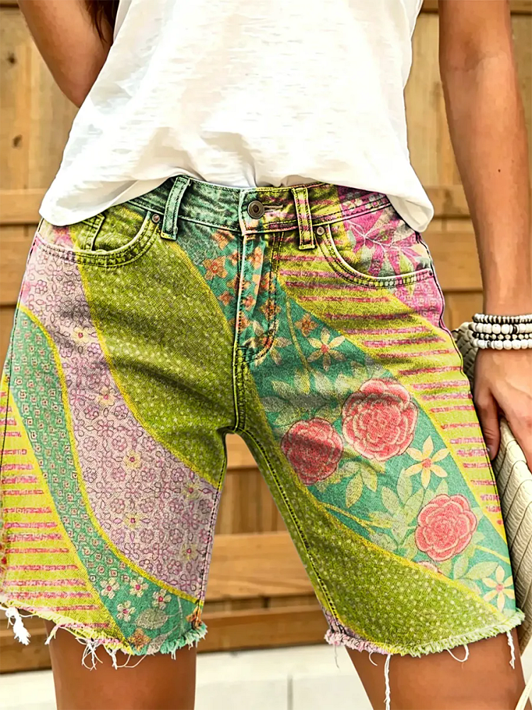 Women's Retro Patchwork Floral Art Print Fashion Denim Shorts