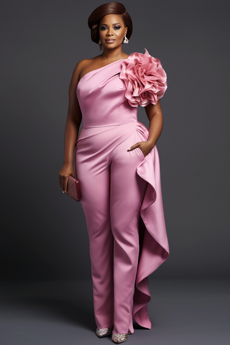 Xpluswear Design Plus Size Formal Pink Elegant One Shoulder 3D Pocket Satin Jumpsuits [Pre-Order]