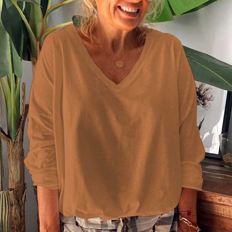 V-neck long-sleeved loose women's T-shirt