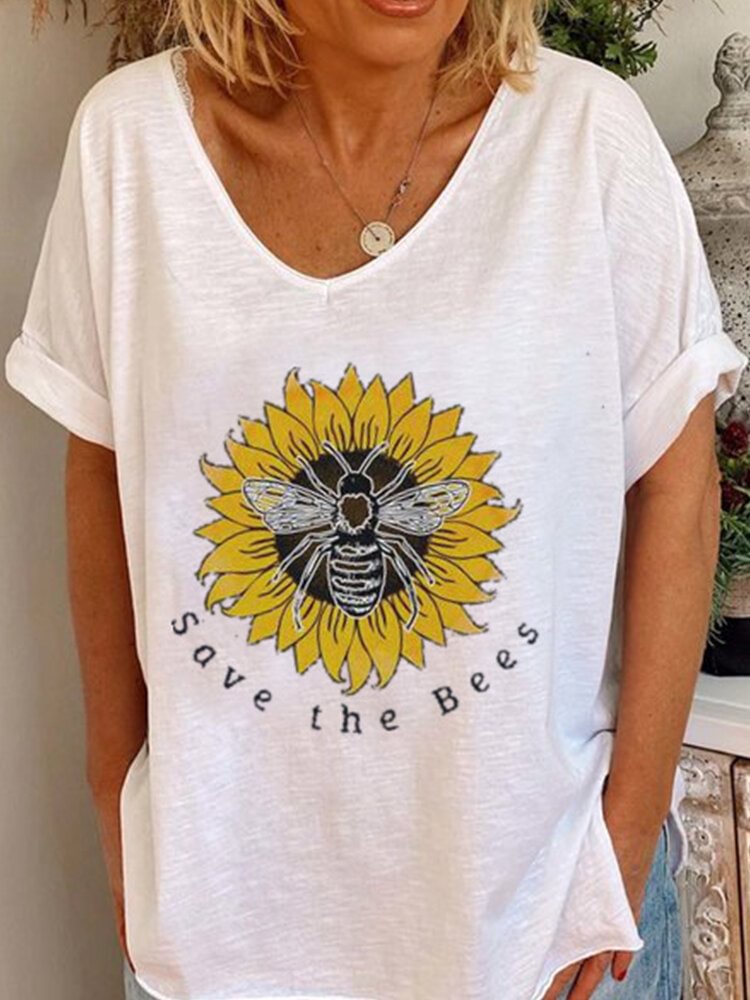 Flower Bee Letter Print Short Sleeve Loose T shirt For Women P1671231