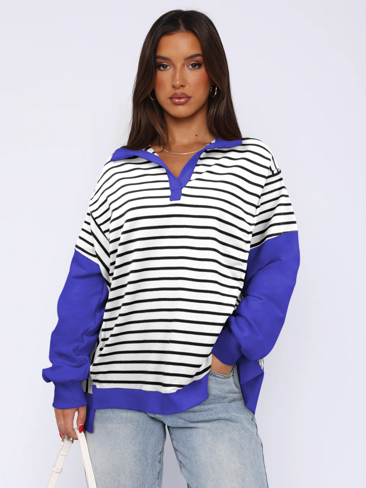 Mature Women Fashion Loose Contrast Color Striped Sweater Split