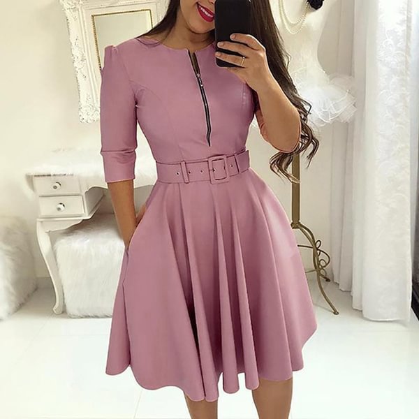 Fashion Women Solid Color Half Sleeve Ruffle Party Dress Summer Elegant Casual Zipper Dresses with Belt - Shop Trendy Women's Clothing | LoverChic