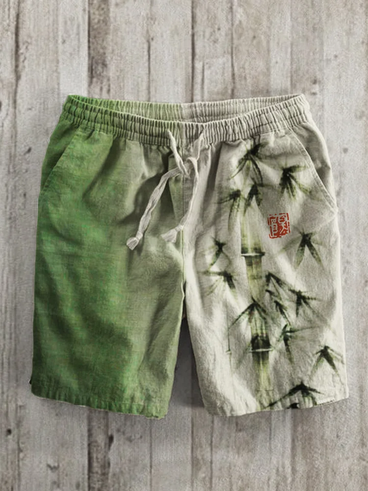 Bamboo Japanese Art Contrast Linen Blend Shorts