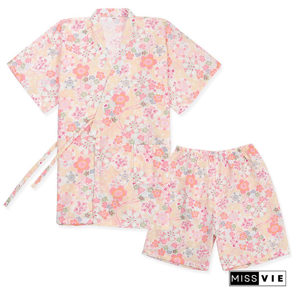 Floral Print Kimono Lace Up Pajamas Set