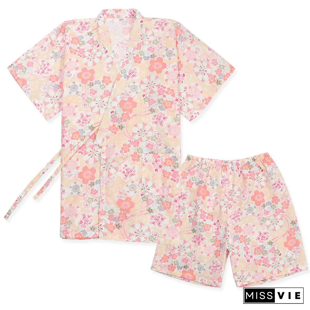 Floral Print Kimono Lace Up Pajamas Set
