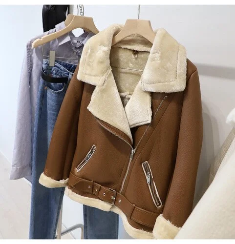 FTLZZ New Winter Women Female Fur Leather JacketFaux Lamb Leather Jacket Aviator Jacket Thick Faux Leather Fur Sheepskin Coat