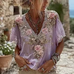 Women's Pink Roses Embroidered Art V-neck Short Sleeve Linen Blend T-shirt - Image 8