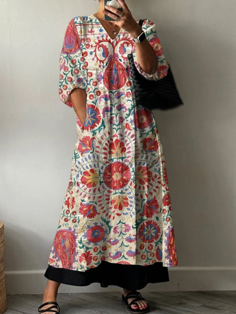 Women's  Retro Floral Print Pocket V-neck Cotton Dress
