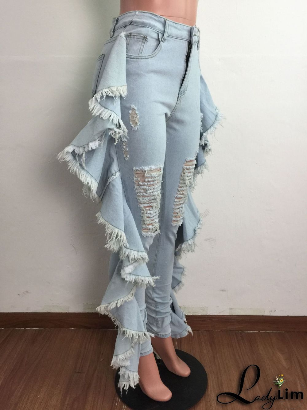 Slim-fit Sexy Stretch Jeans With Ruffled Fringe And Shredded Holes