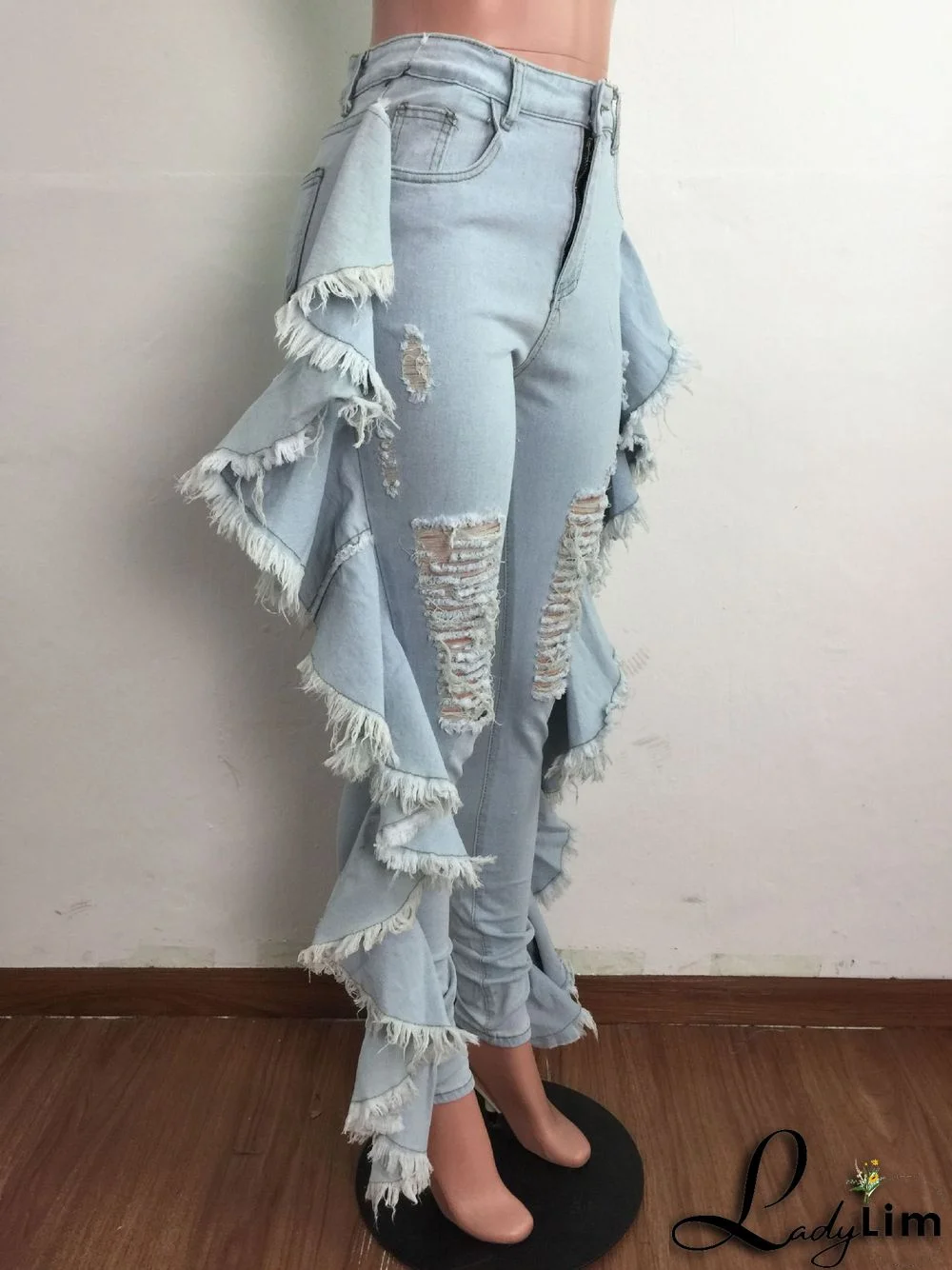 Slim-fit Sexy Stretch Jeans With Ruffled Fringe And Shredded Holes