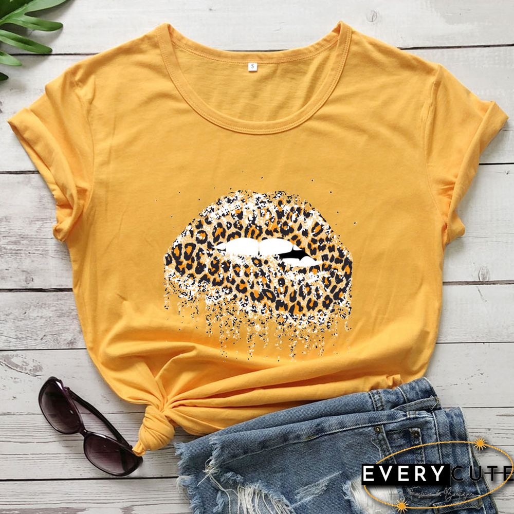 Funny Leopard Lips Dripping T-shirt TrendyPersonalityShirtsWomenFashionCasualPureCottonVintageShirt 90sAesthetic Tee