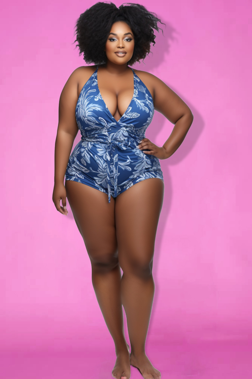 Design Plus Size Beach Blue Water Ripples V Neck Swimsuit Fabric One Pieces Swimwear [Pre-Order]