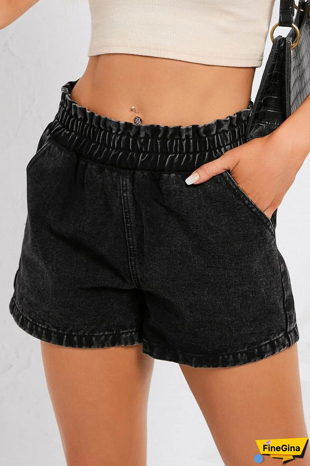 Retro Bleach-washed High Waist Denim Shorts with Ruffled Elastic Detail