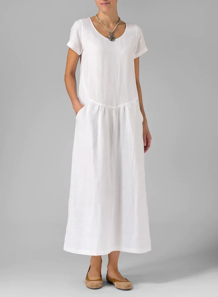 Cotton And Linen Pleated Slim Dress