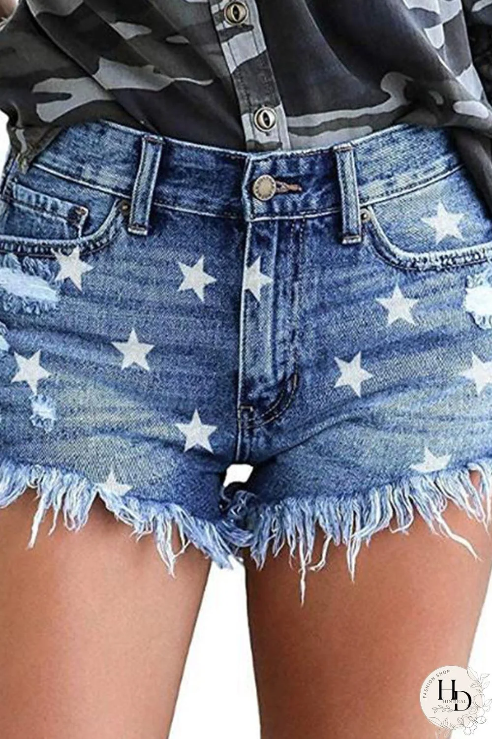 Star Printed Tassel Denim Hole Shorts