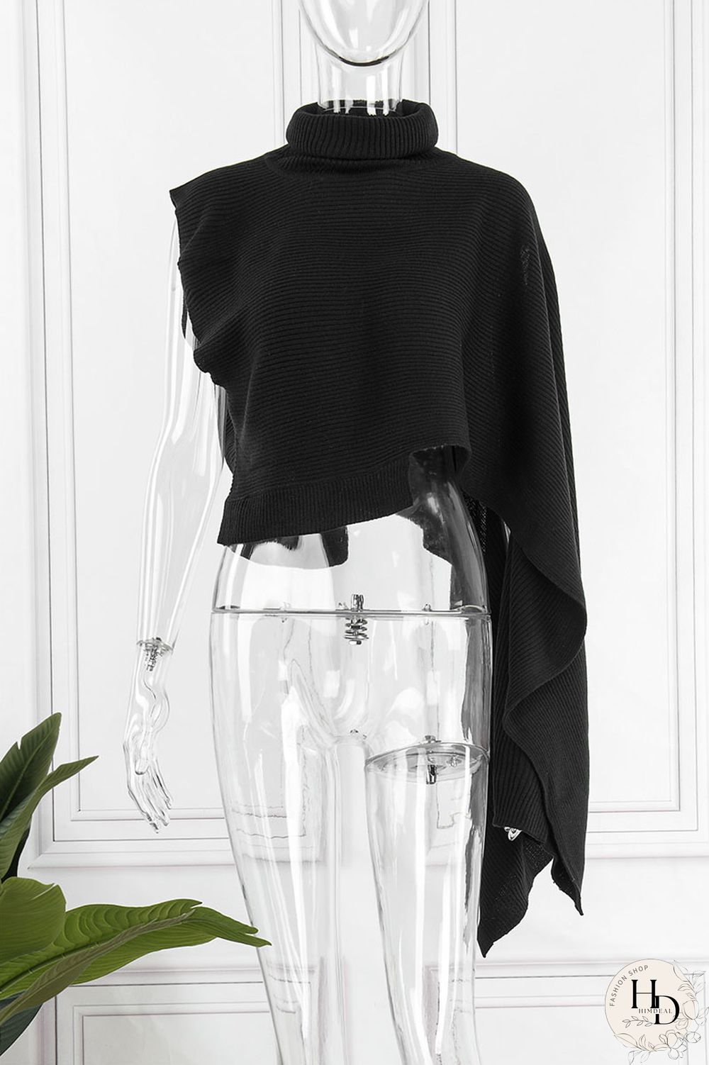 Red Street Solid Patchwork Slit Asymmetrical Turtleneck Tops