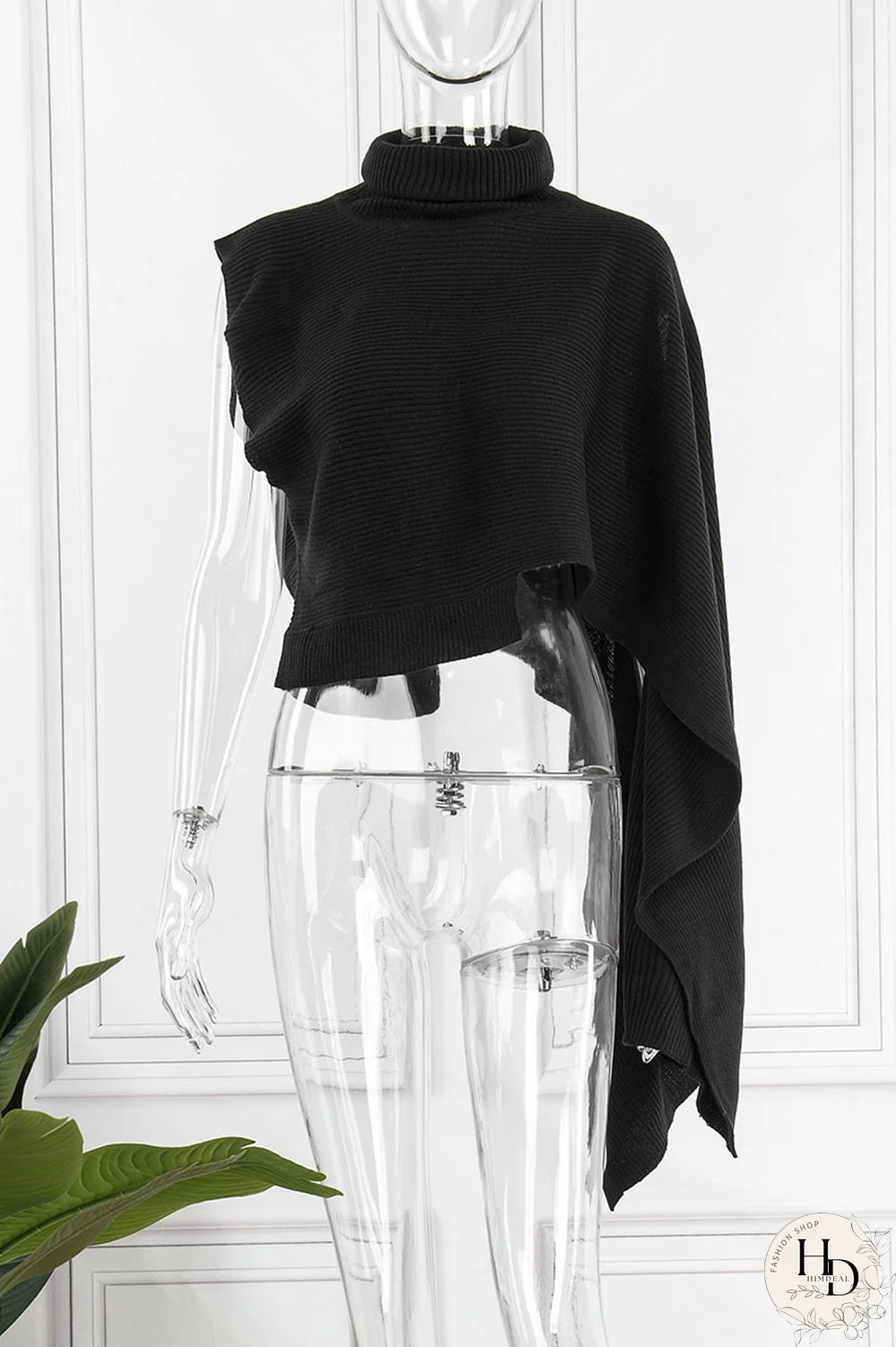 Red Street Solid Patchwork Slit Asymmetrical Turtleneck Tops