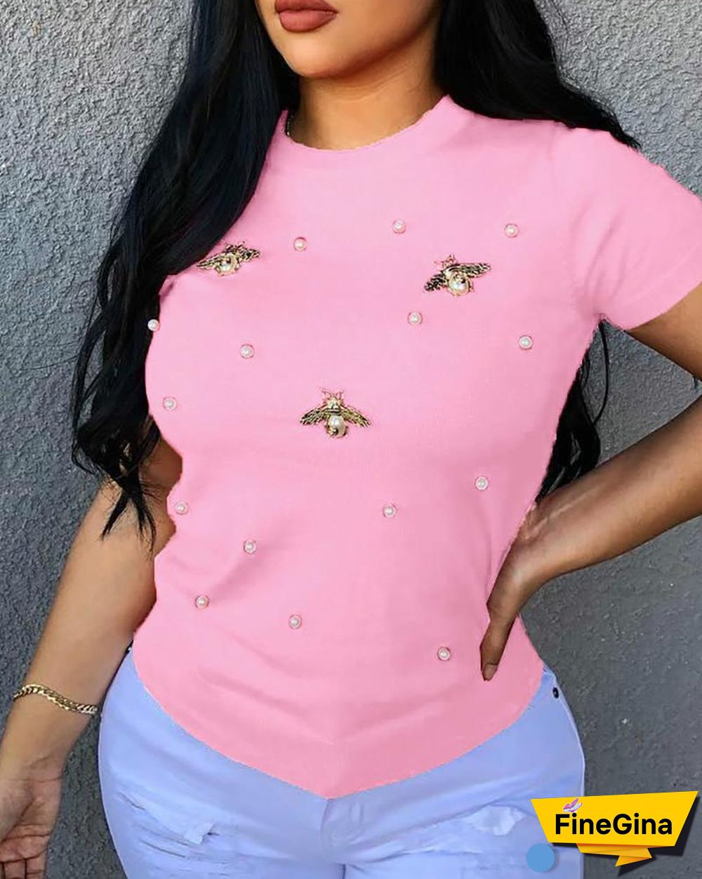Beaded Detail Short Sleeve T-Shirt P10177