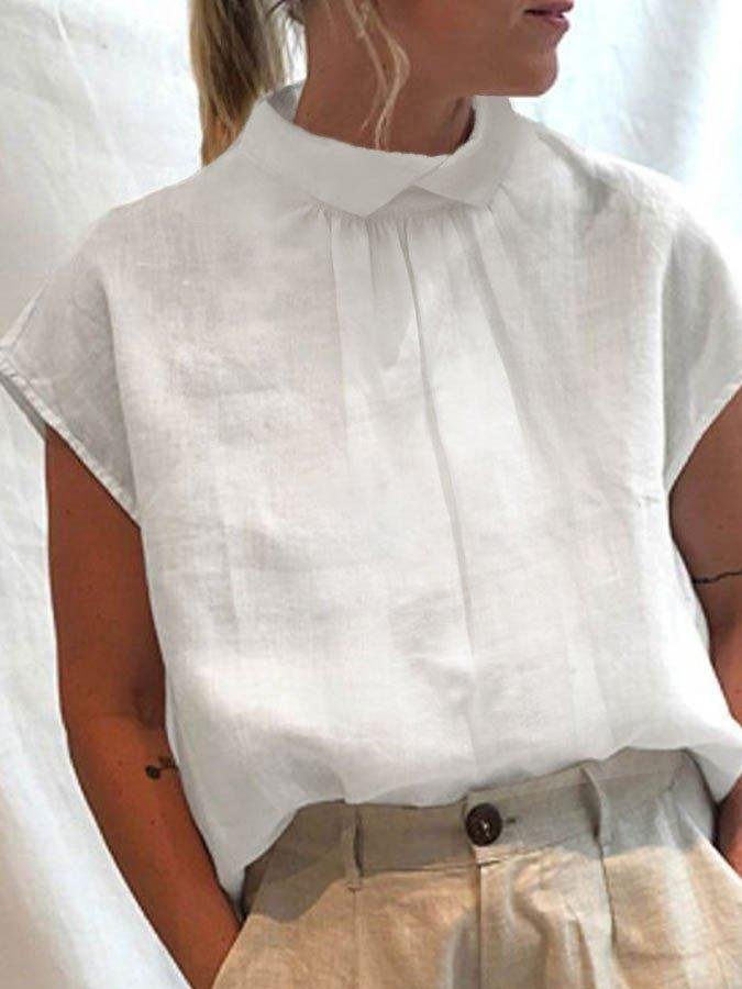 Women's Cotton Linen Pleated Stand Collar Shirt