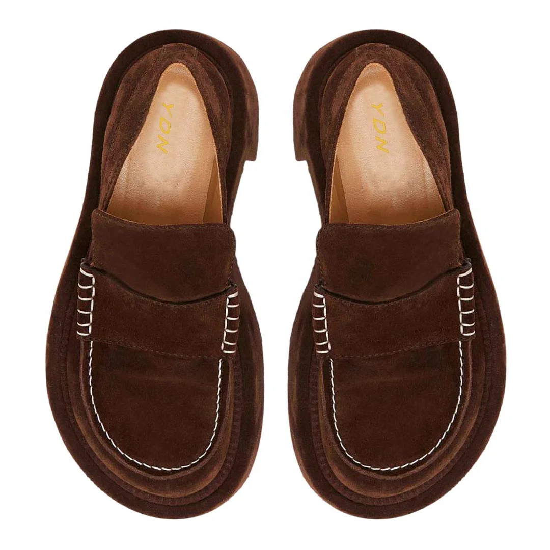 Dark Brown Vegan Suede Round Toe Classic Chunky Loafers Women