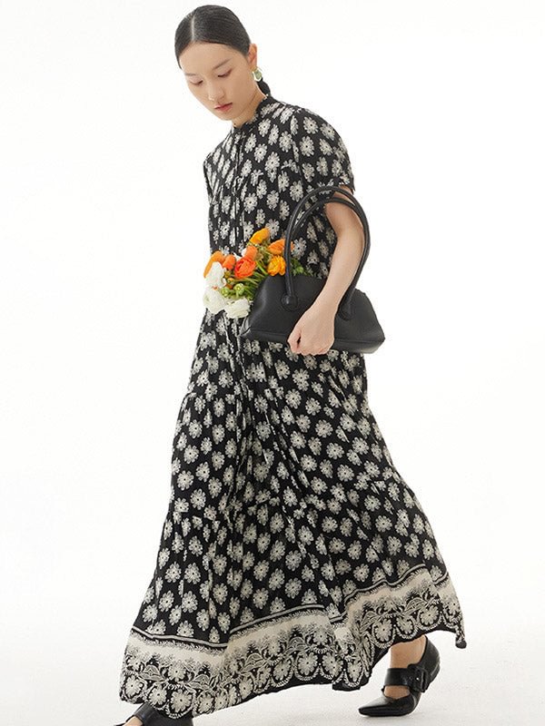 Vintage Loose Stand Collar Floral Printed Midi Dress