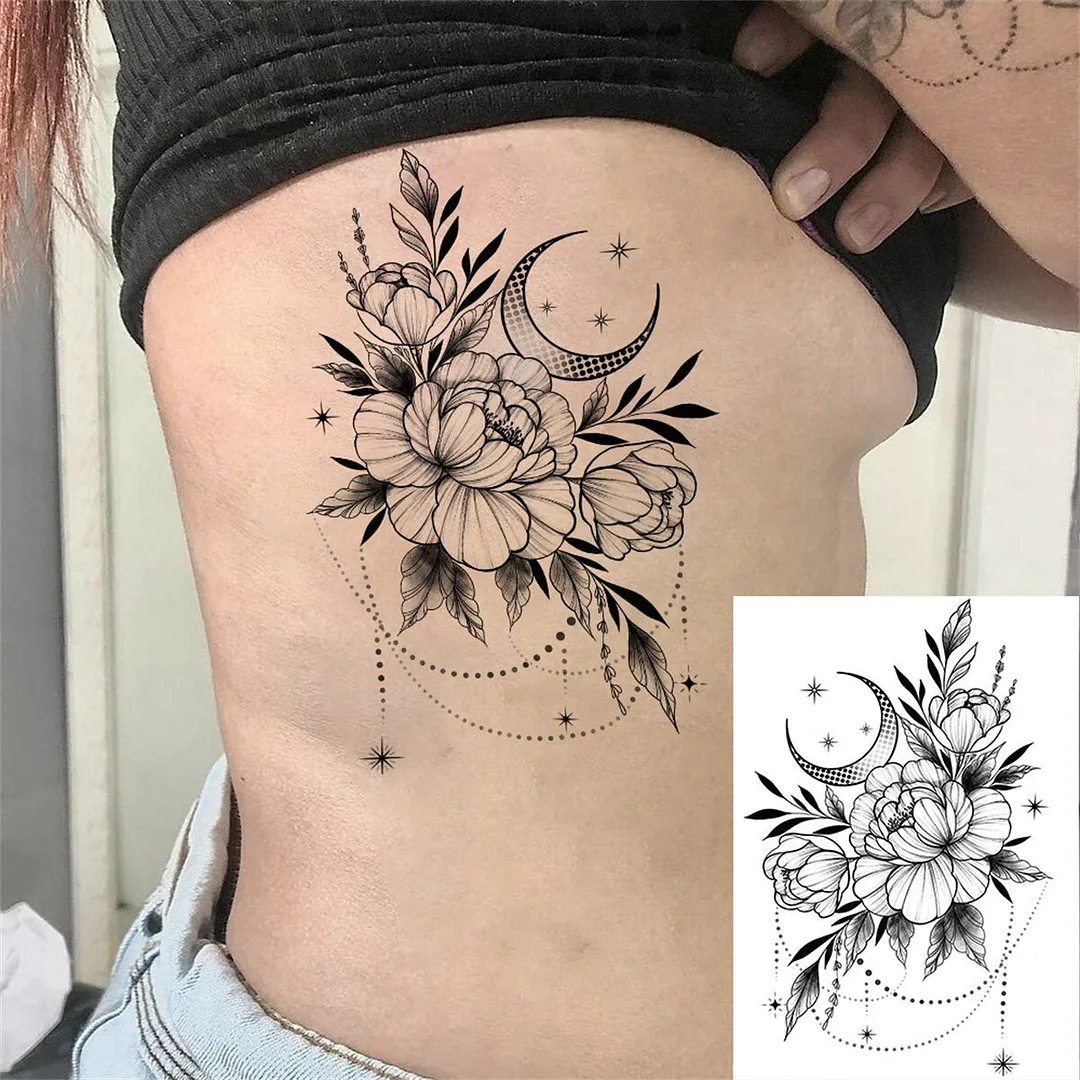 Floral Peony Temporary Tattoos For Women Adult Girls Black Snake Flower Tattoo Sticker Carnations Leaves Fake Tatoos Forearm