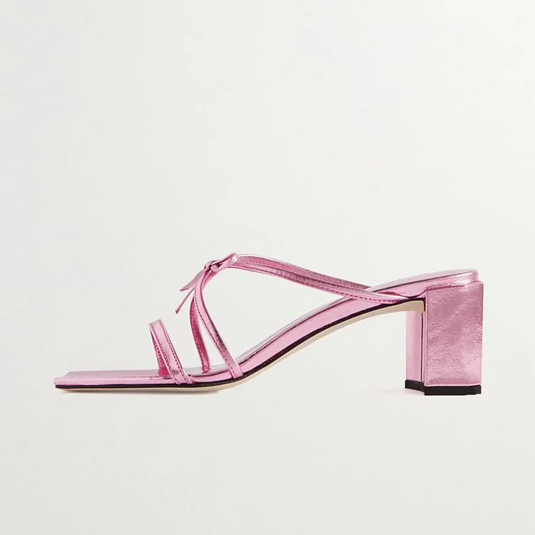 Women's Metallic Pink Square Toe Bow Block Heel Mules Sandals |FSJ Shoes