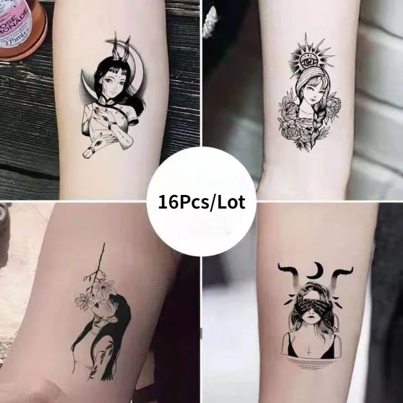 16Pcs Waterproof Temporary Tattoo Sticker Anime Cartoon Boy Girl Cute Tatto Flash Tatoo Fake Tattoos Naruto Stickers Men Women
