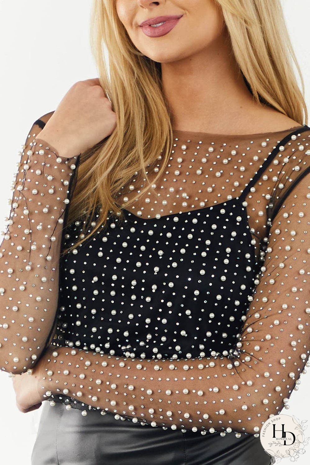 Elegant Black Mesh Sheer Top with Pearl and Rhinestone Embellishments