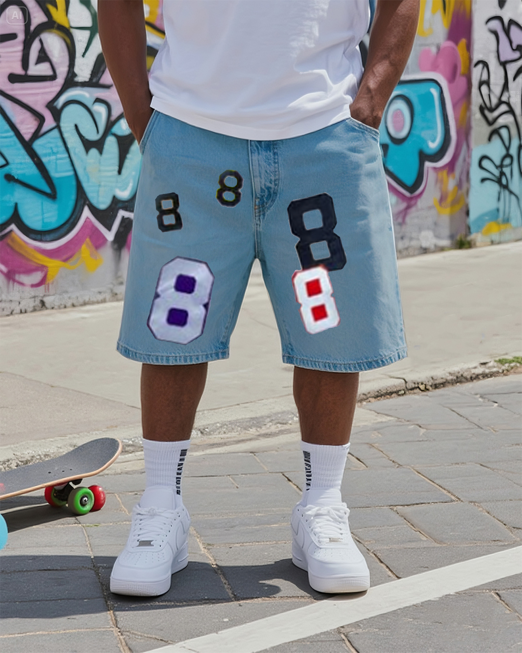 Big & Tall Men's Street Fashion Creative Number 8 Arrangement Denim Shorts