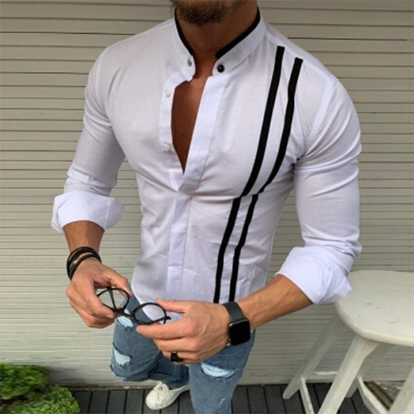 Men's Striped Solid Color Long Sleeve Shirt Linen