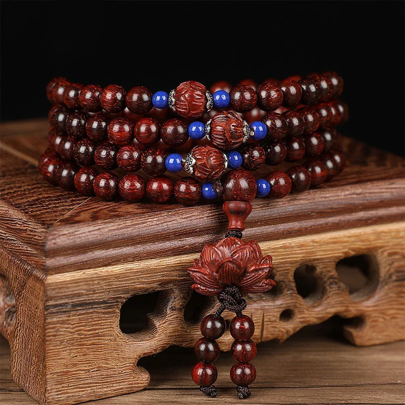 Tibetan Small Leaf Red Sandalwood Mala Lotus Blessing Necklace Bracelet