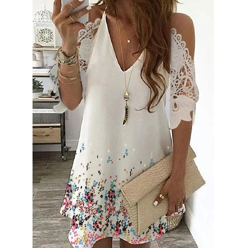 Women Off Shoulder Dress Summer Sexy V Neck Floral Print Midi Dresses Robe Vintage Hollow Out Lace A-Line Party Dress Vestidos