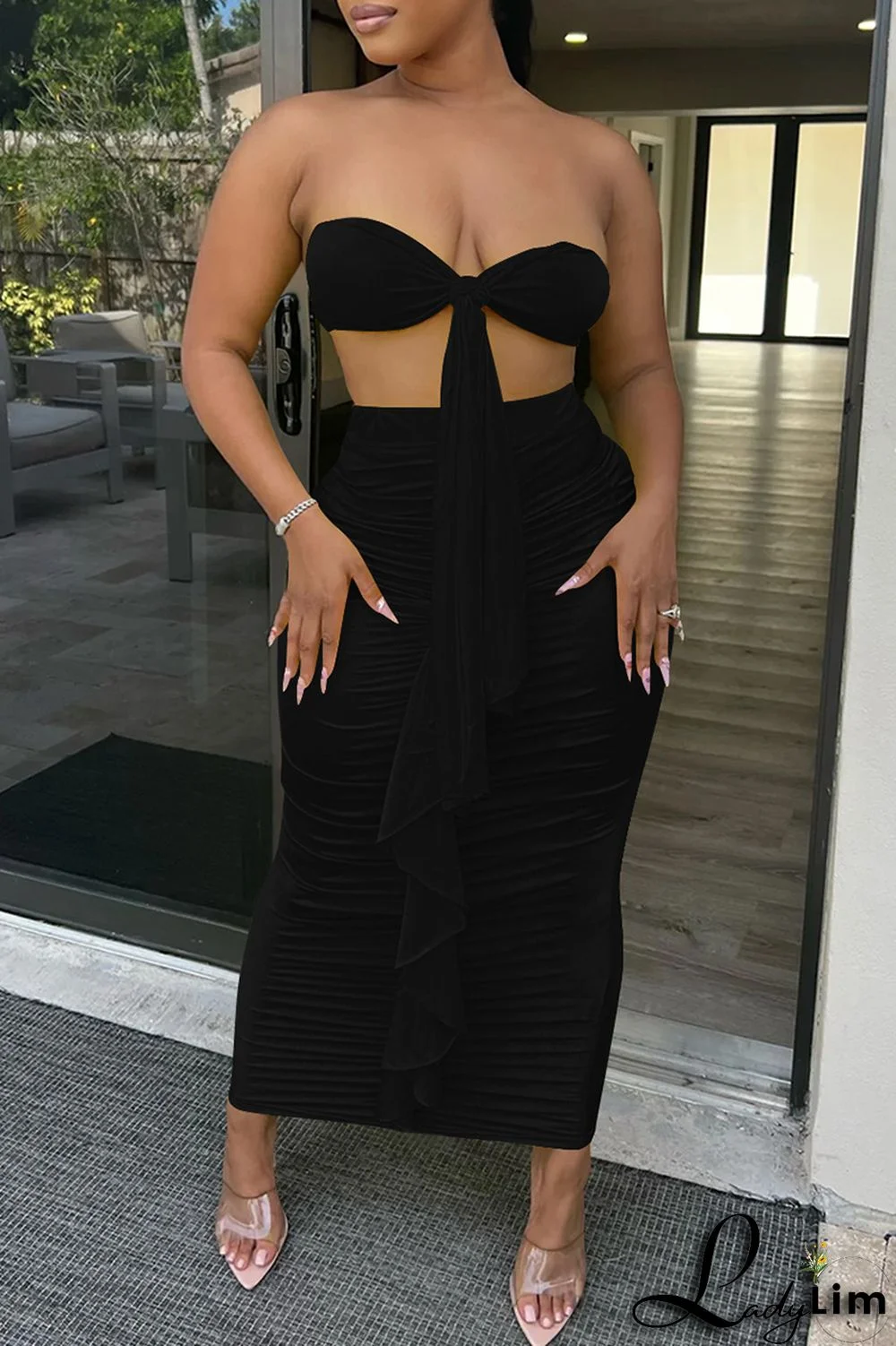 Yellow Fashion Sexy Solid Patchwork Backless Fold Strapless Sleeveless Two Pieces