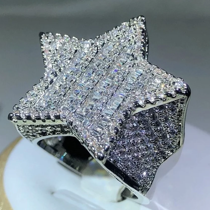 Hip Hop Iced Out Zircon Rings Shine Star Ring Jewlery-VESSFUL