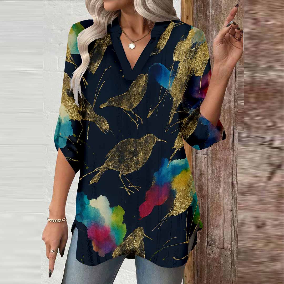 Women Abstract, Black, Colorful DZGA0217 3/4 Sleeve V-neck Printed Graphic Button Tops