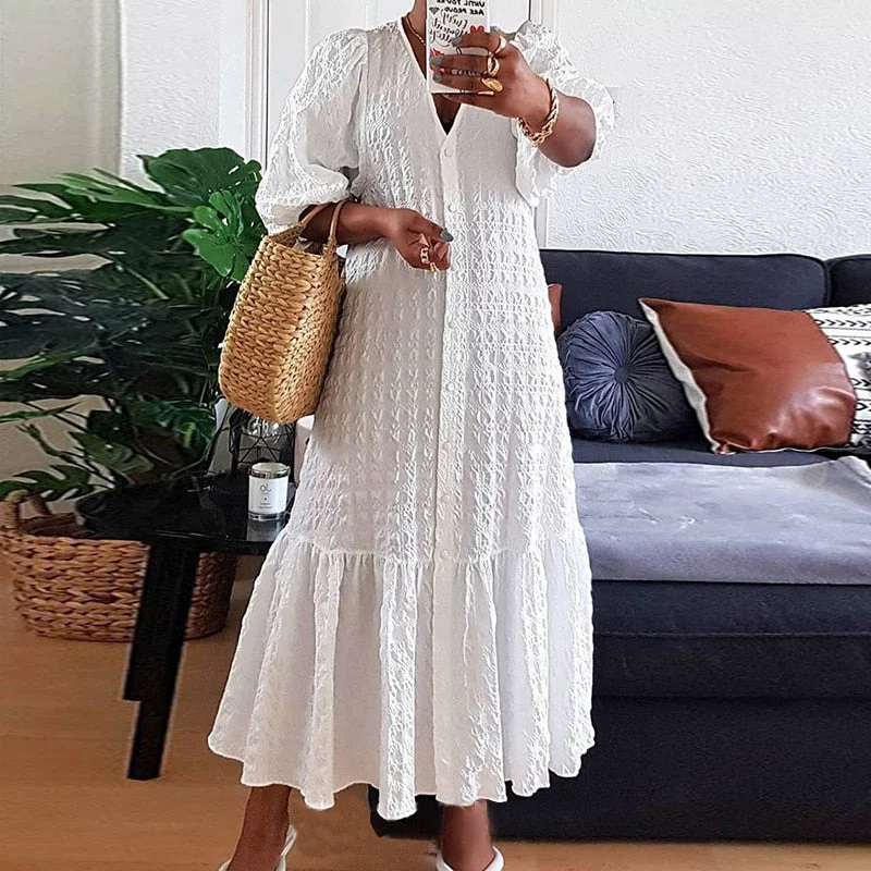 VONDA 2022 Summer Women Shirt Dress Sexy V Neck Button Half Sleeve Long Dresses Bohemian Vestidos Plus Size 5XL Elegant Robes