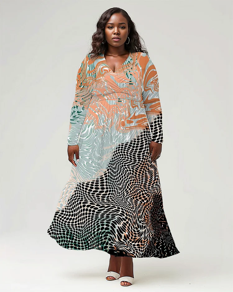 Plus Size Women's Chic Prints Long Sleeve V Neck Dress