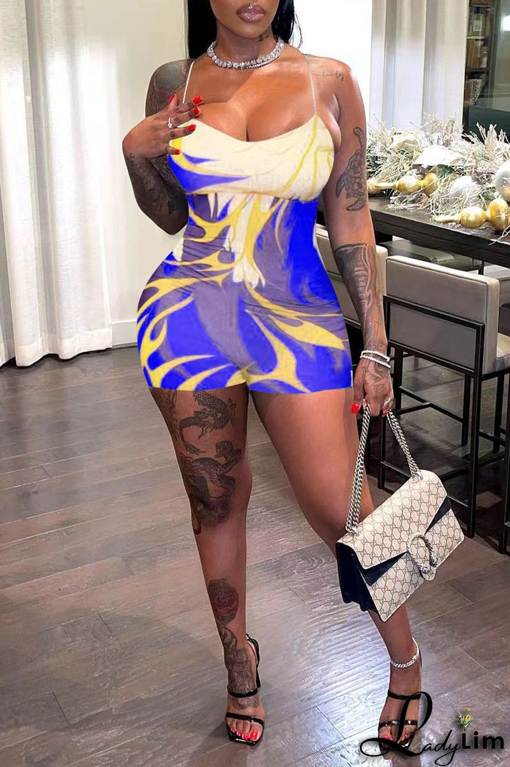 Green Sexy Print Patchwork Spaghetti Strap Regular Jumpsuits