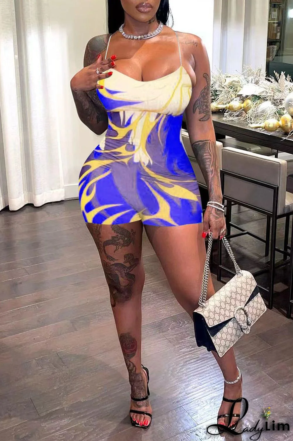 Green Sexy Print Patchwork Spaghetti Strap Regular Jumpsuits