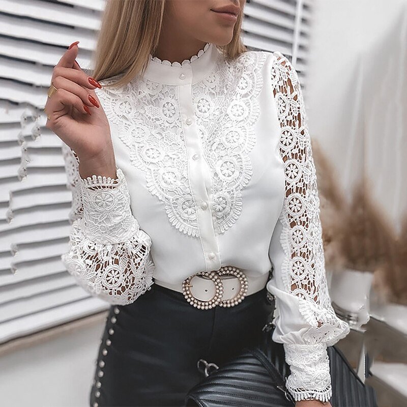Qjong Women Blouse White Elegant Lace Hollow Out Shirts 2022 Spring Long Sleeve Shirts Y2K Buttons Mesh Top Vintage Ladies Clothes