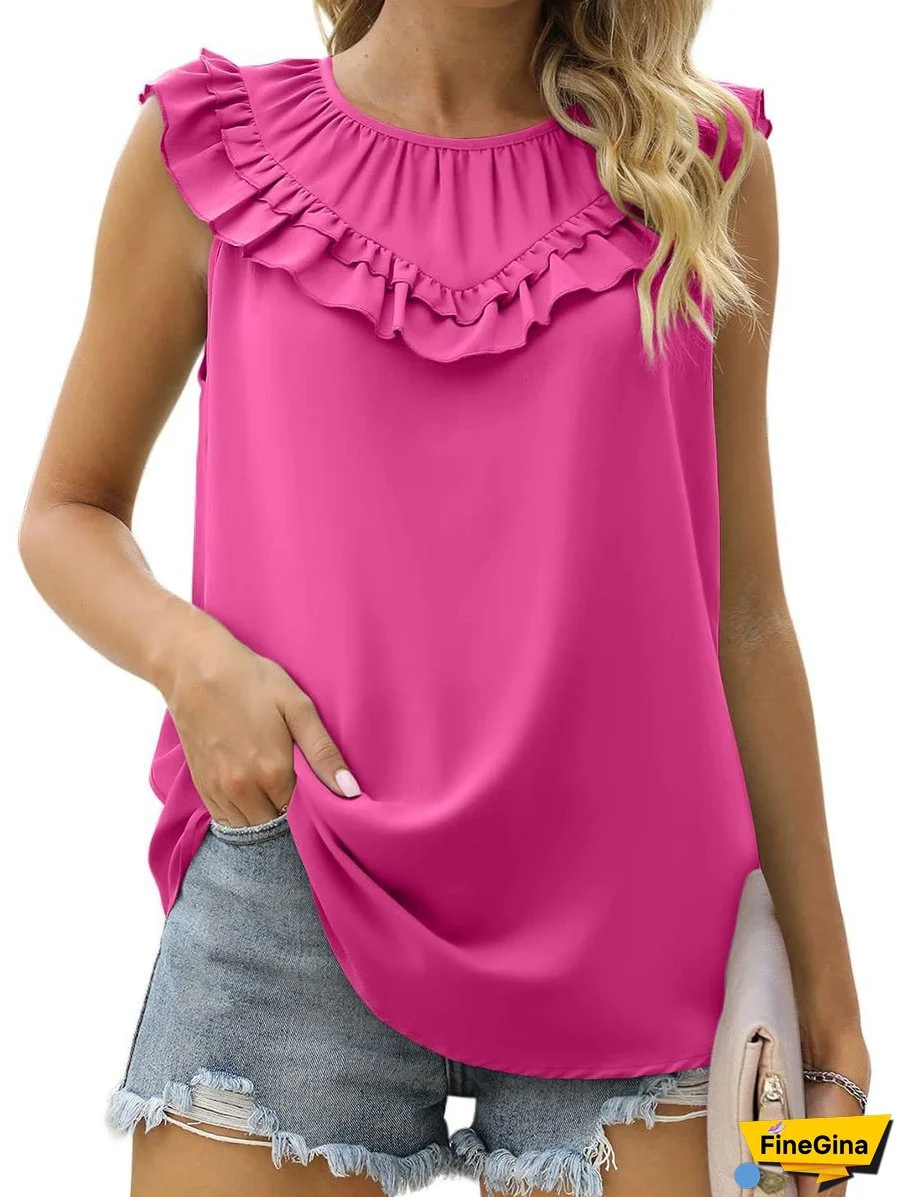 Tops Pleated Chiffon Solid Sleeveless Tank Top
