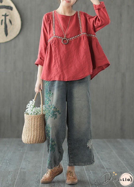 Vintage Blue Embroideried Cotton Ripped&nbsp;Jeans Pants Fall