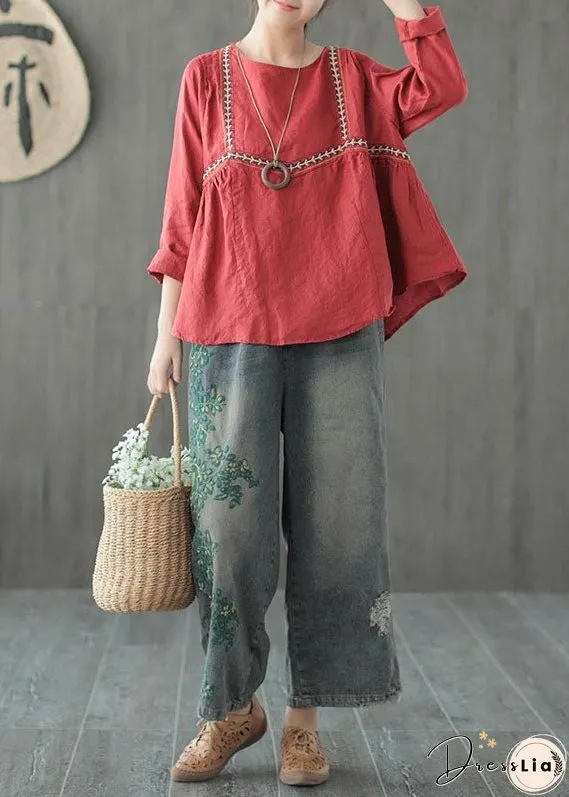 Vintage Blue Embroideried Cotton Ripped&nbsp;Jeans Pants Fall