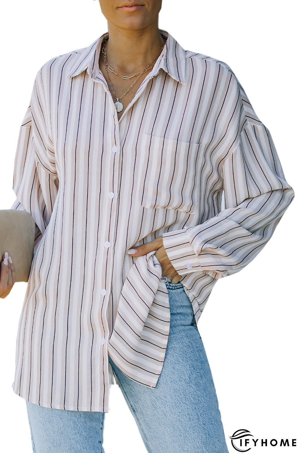 Khaki Striped Buttons Closure Long Sleeve Shirt | IFYHOME