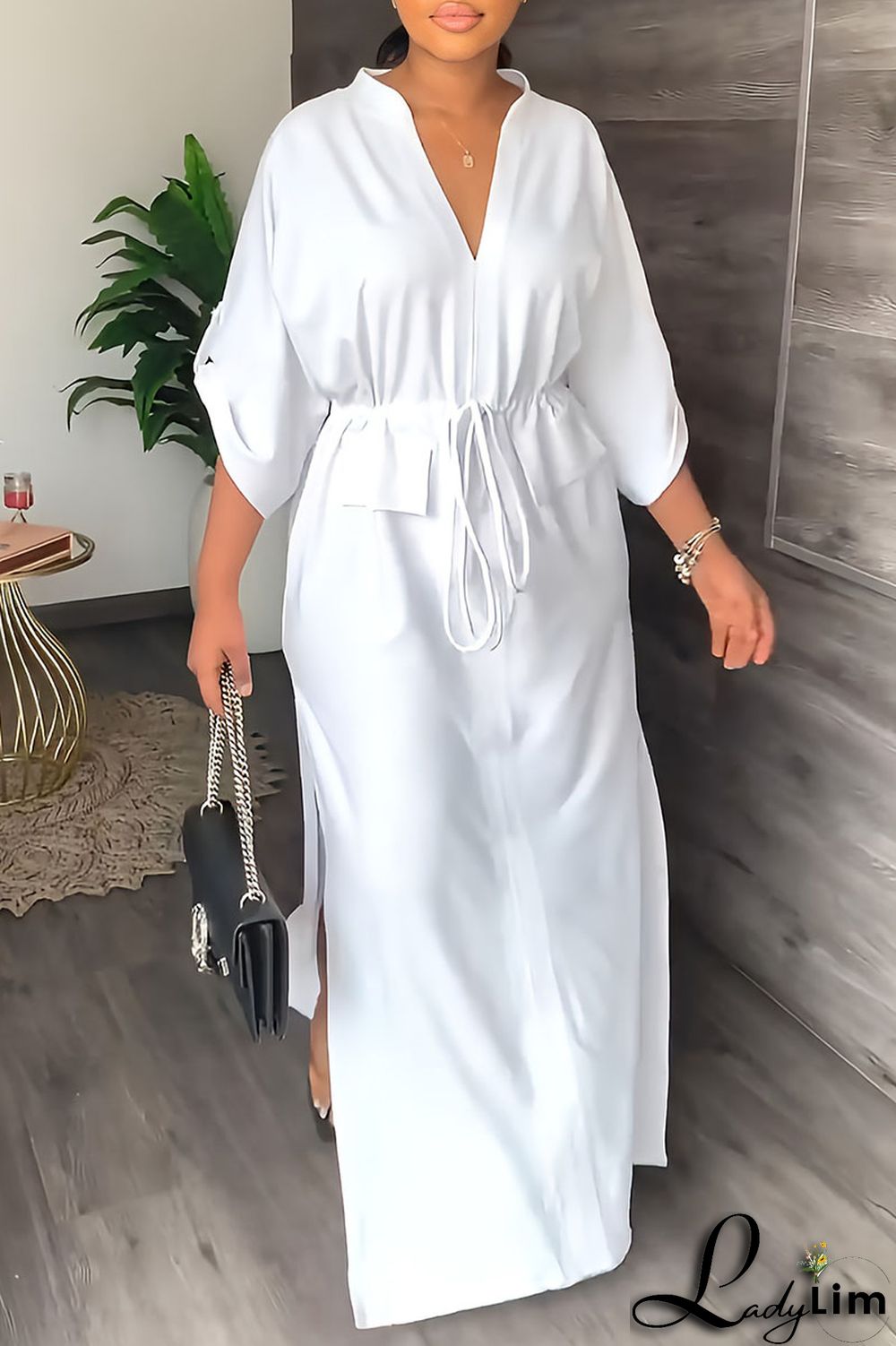 White Casual Solid Patchwork V Neck Straight Dresses