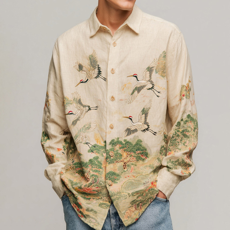 Men's Japanese-style Casual Shirt With Landscape And Crane Pattern  artssus