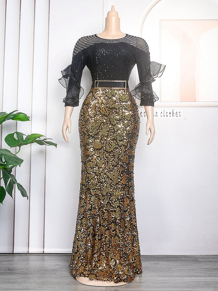 African Americans fashion QFY Evening Dresses Long Luxury Sequin Gown 2022 New African Wedding Party Bodycon Mermaid Dress Plus Size Ankara Ladies Clothing Ankara Style QueenFunky