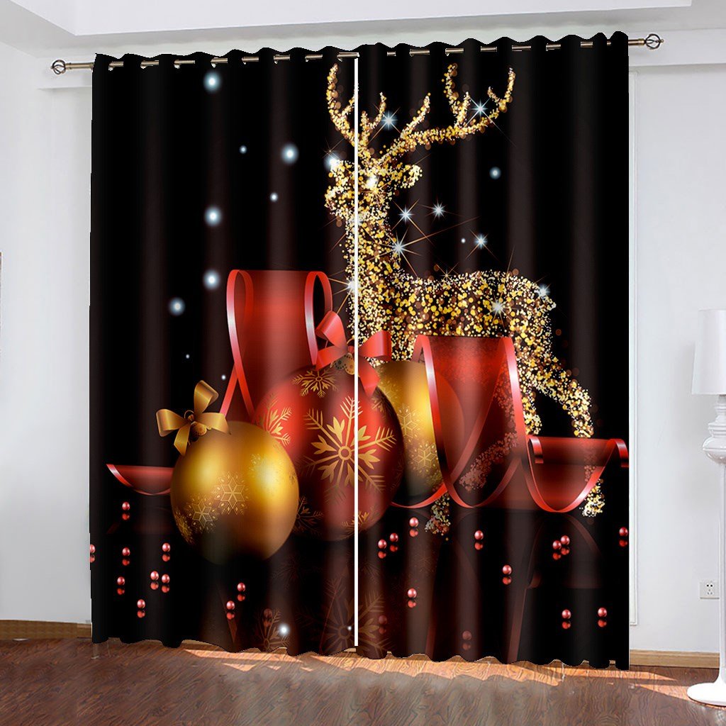 Black 3D Christmas Window Curtains Golden Deer and Balls Print Blackout ...