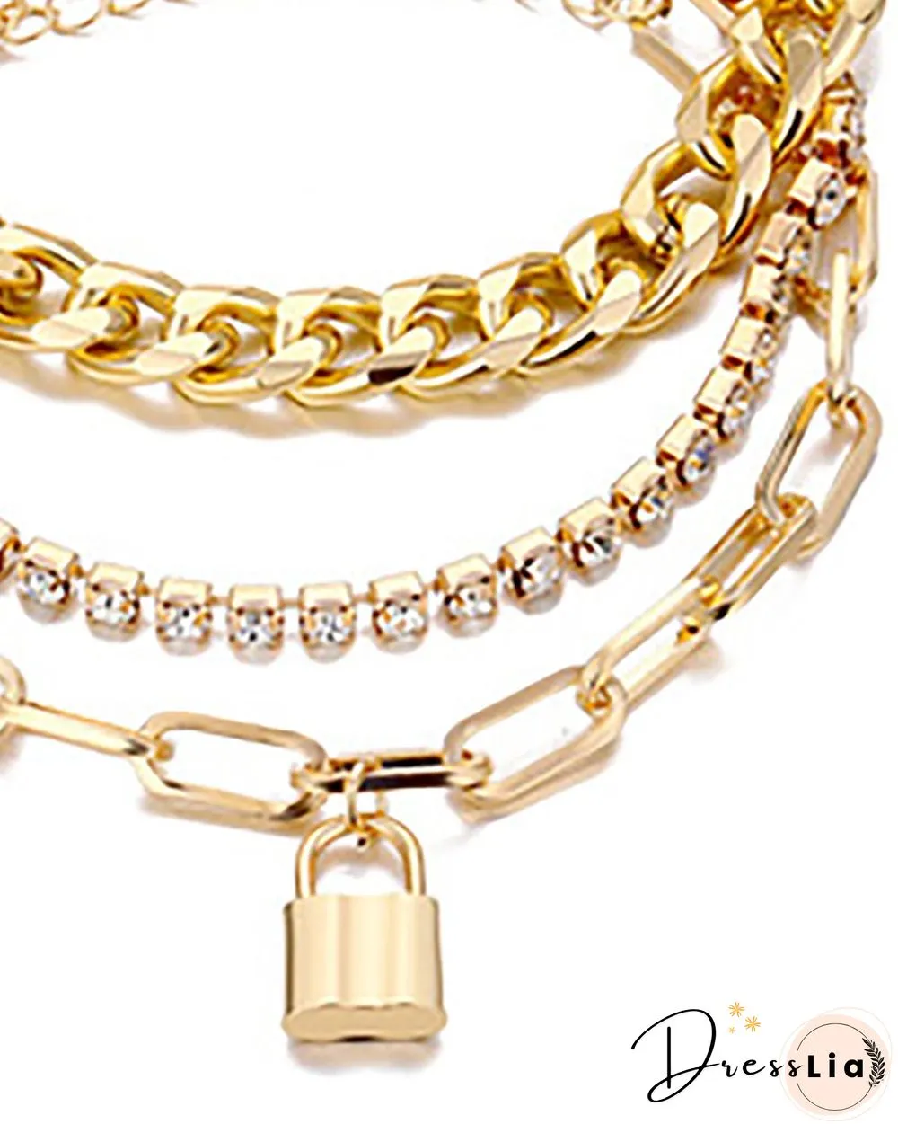 3PCS Link Chain Lock Pendant Studded Bracelet